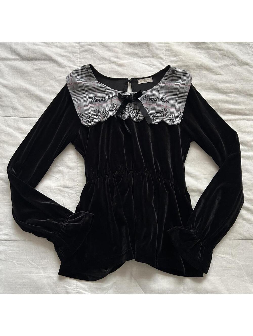 Axes Femme Black Velvet Long Sleeve Top Plaid Peter Pan Collar Gothic Size M
